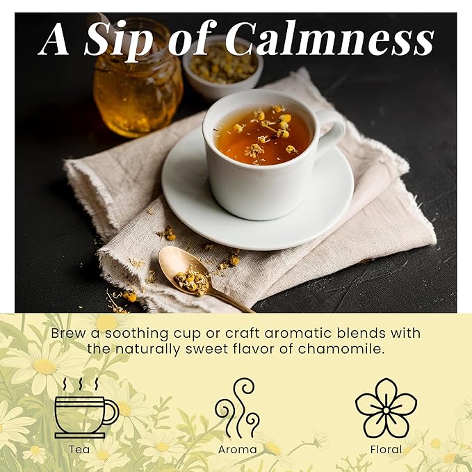 Chamomile Flowers 4 oz, 100% Natural Loose Leaf Chamomile Tea, Whole Dried Flowers for Herbal Tea, Resealable Bag for Freshness - By Yogi’s Gift®