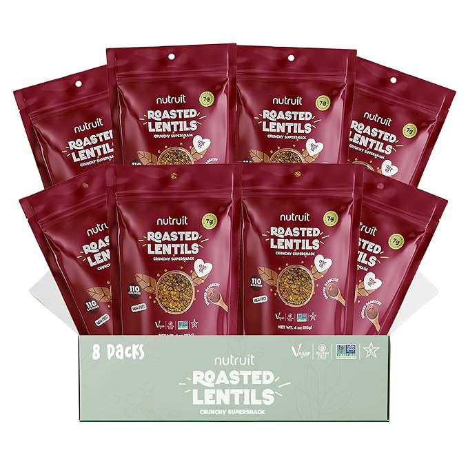 Nutruit Roasted Lentil Snacks - Tasty Snack Box with Vegan, Gluten Free, Non-GMO, High Protein, Low Calorie, Healthy On-The-Go Low Calorie Lentils Snacks - 4oz Packs (8-Pack Box) (8 Pack, Barbecue)