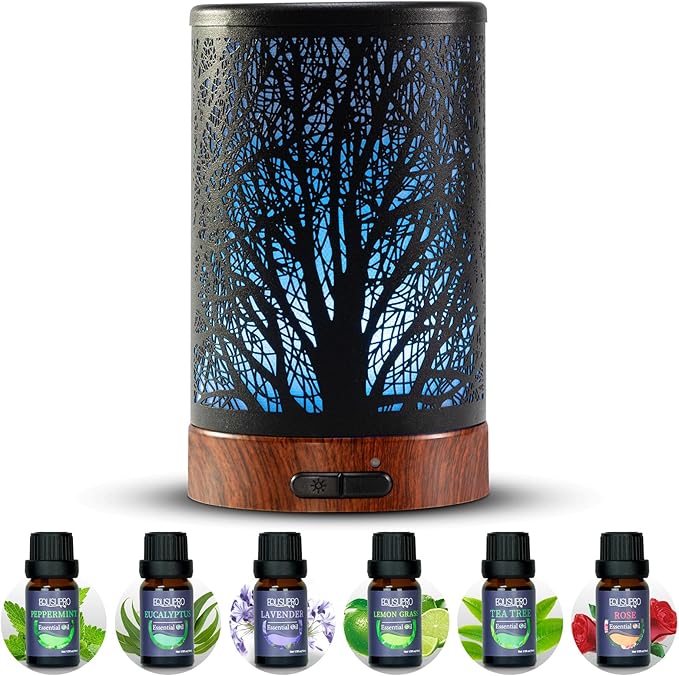 Oil Diffuser with Essential Oils Set – Aromatherapy Oil Diffuser 150ml with 6 Essential Oils Set, Cool Mist Diffusers for Essential Oils, Waterless Auto Shut-Off,7 Colors Night Light, Gifts for Mom