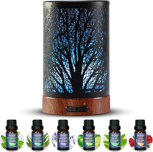 Oil Diffuser with Essential Oils Set – Aromatherapy Oil Diffuser 150ml with 6 Essential Oils Set, Cool Mist Diffusers for Essential Oils, Waterless Auto Shut-Off,7 Colors Night Light, Gifts for Mom