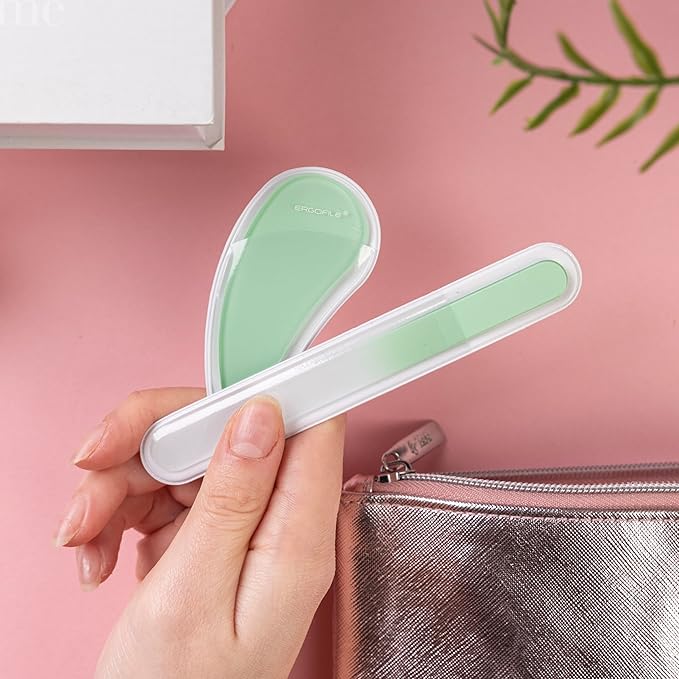 Bona Fide Beauty Curved Glass Nail Files for Natural Nails - 2Pc Czech Glass Nail Tools (Jade Color), Crystal File Set