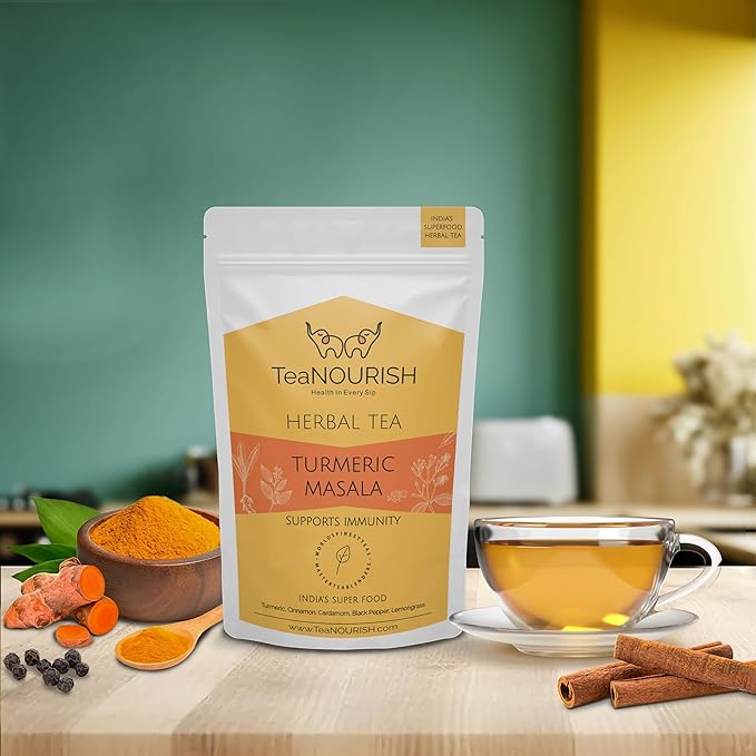 TeaNOURISH Turmeric Masala Herbal Tea | CAFFEINE-FREE | 100% NATURAL | Immunity Support Tea | Turmeric, Cinnamon, Cardamom, Black Pepper, Lemongrass - 3.53oz/100g