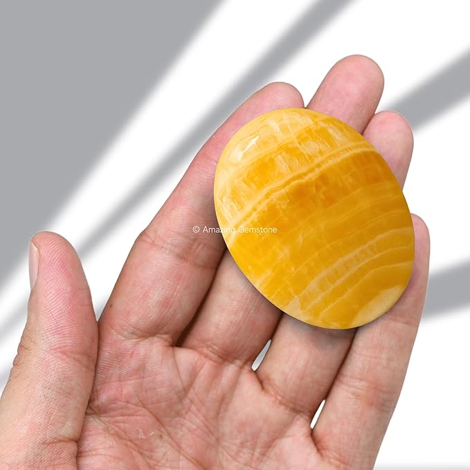 Yellow Calcite Crystals and Healing Stones - Large Palm Stone Crystals Piedra - Crystal for Good Luck, Positive Energy, Meditation - Unique Stocking Stuffers and Birthday Gifts for Women, Men