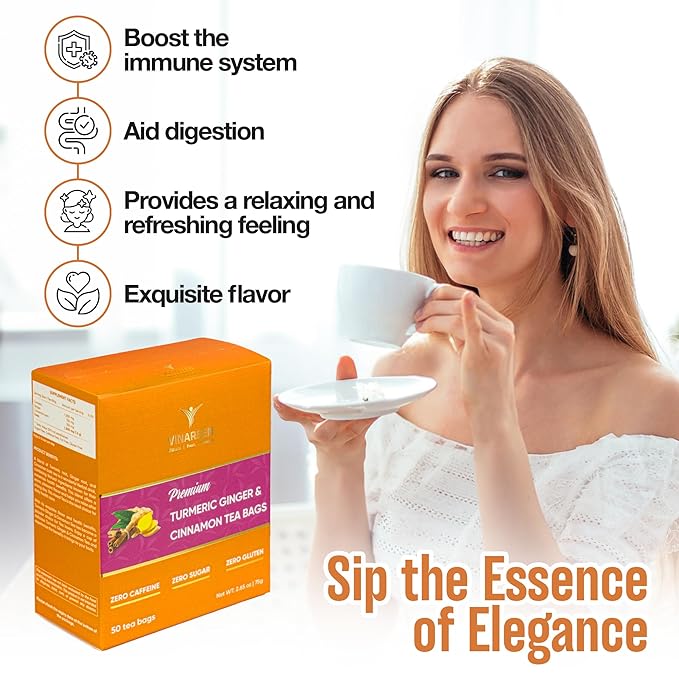 VINAREEN 50 Premium Tea Bags, Special Blend of Turmeric Ginger Cinnamon Tea,100% Natural Turmeric Ginger Herbal Tea, Te De Jengibre Y Curcuma Canela, Caffeine Free, Gluten Free, Sugar Free, Vegan.