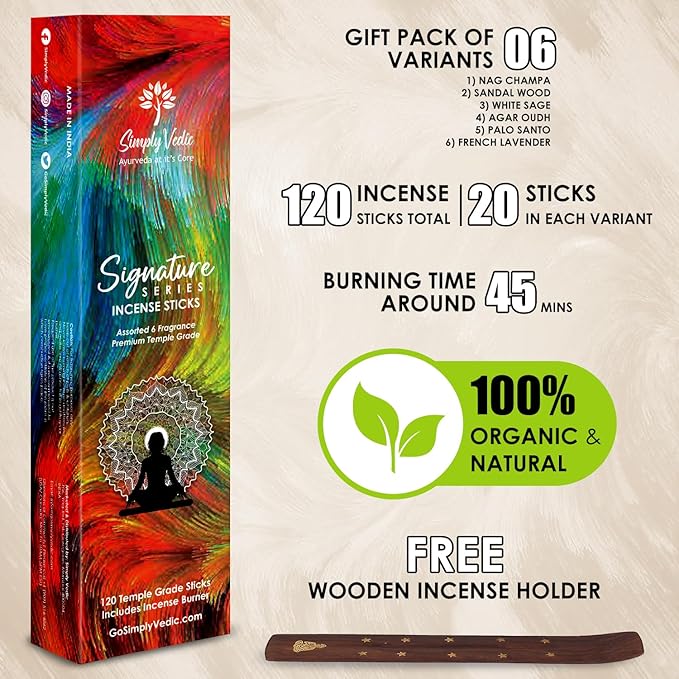 Simply Vedic Signature Incense Sticks Gift Set | 120 Natural Hand-Rolled Non-Toxic Agarbatti with Holder | Sandalwood, Nag Champa, Oudh, Palo Santo, Lavender, Sag | Aromatherapy Meditation Pooja Home