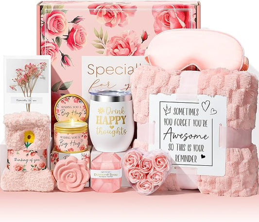 Birthday Gifts for Women Self Care Gift, Rose Spa Gift Baskets Bath Set Get Well Soon Care Package Christmas Mom Gifts for Women Sister Friend Wife Grandma Teacher Nurse w/ Blanket