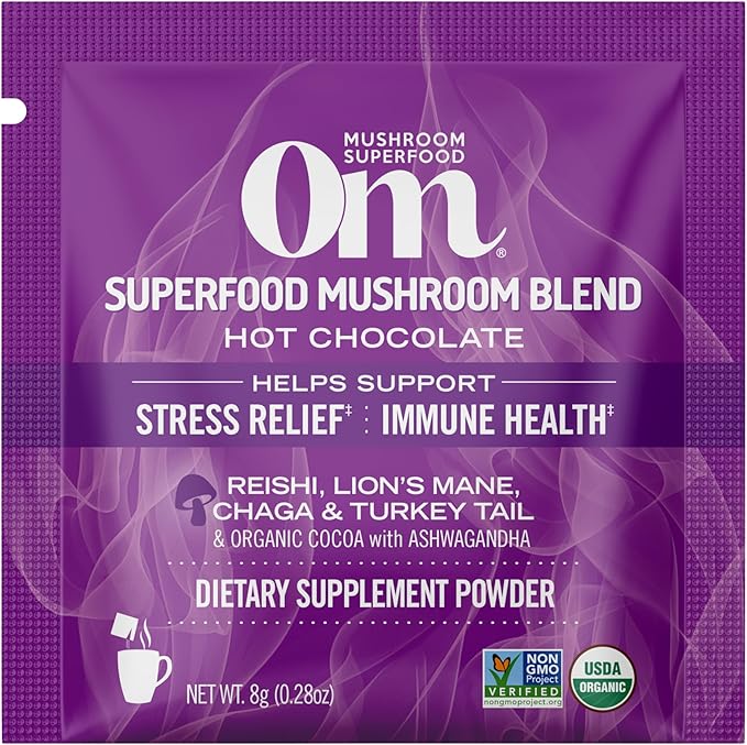 OM MUSHROOM SUPERFOOD Hot Chocolate Blend Mushroom Powder, Single Serve, 10 Count, Dutch Cocoa, 2g of Sugar, 25 Calories, Lion's Mane, Reishi, Chaga, Turkey Tail, Focus and Stress Support