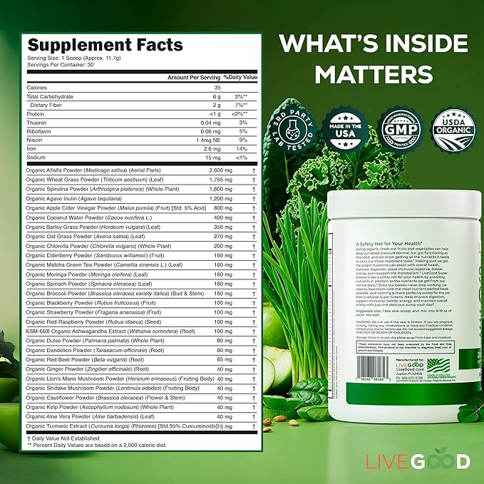 LiveGood Super Greens Powder Organic Superfood with Wheat Grass Powder, Daily Superfood Powder for Immune Support, Energy and Detox, Green Juice Powder Supplement (30 Servings), 12.38 Oz