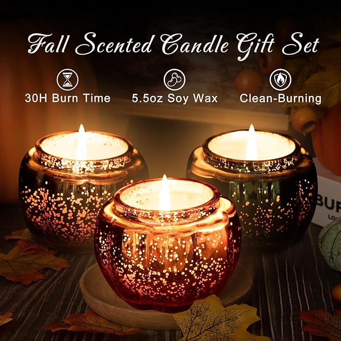 Lanpn Fall Scented Candles Gift Set 3 Pack, 16.5oz Pumpkin Glass Jar Candle, Thanksgiving Aromatherapy Soy Wax Candles for Woman Man, Autumn Fragrance Table Farmhouse Decoration, Tabletop Centerpiece