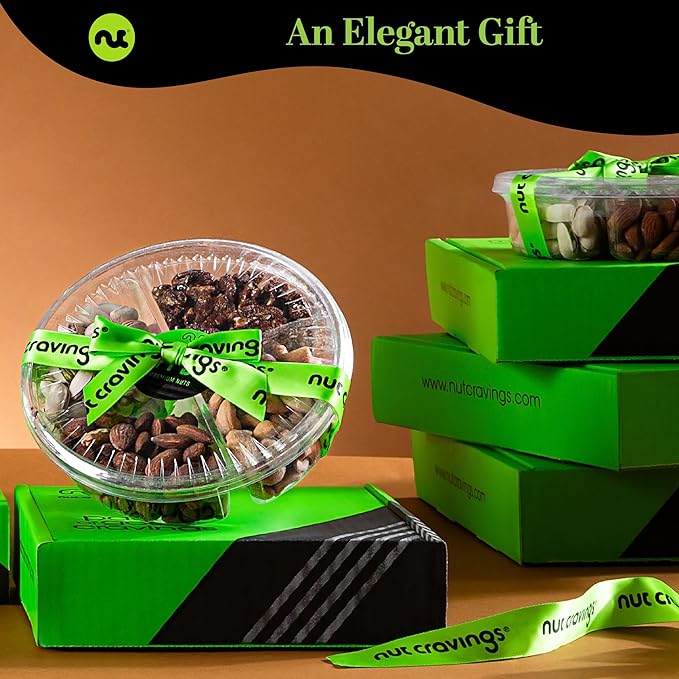 NUT CRAVINGS - Diwali Sweets Hamper Mixed Nuts Gift Basket + Green Ribbon (4 Assortments) Food Arrangement, Healthy Snack Care Package, Food Assortments