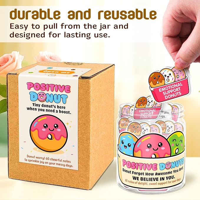 Emotional Support Donut – Funny Donut Gifts For Women, Kid - 60 Positive Donut Daily Affirmation Cards Jar – Inspirational Gifts for Women - Self Care Gift for Coworkers, Teens, Friends, Boss