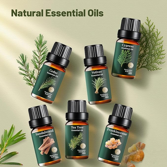 Woody Essential Oils Set Pure, Mumianhua Sandalwood, Cedar, Tea Tree, Cypress, Frankincense, Vetiver - Natural Classic Woody Aromatherapy Meditation Set for Diffuser, Candle & Soap Making Gift 6x10ml