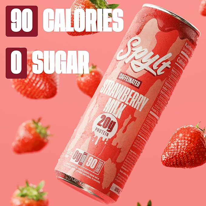 Spylt High Protein Strawberry Milk with 60mg Caffeine & 20g Protein - 90 Calories, Ready to Drink, Sugar Free, Lactose Free Milk, Perfect for Workout Recovery & Afternoon Pick Me Up - 12 Count