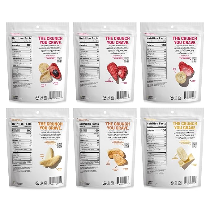 Crunchies Freeze-Dried Fruits, 100% All Natural Crispy Fruit, Non GMO and Kosher, Resealable Freeze Dried Fruit Snack Packs, Pack of 6 (Variety Pack)