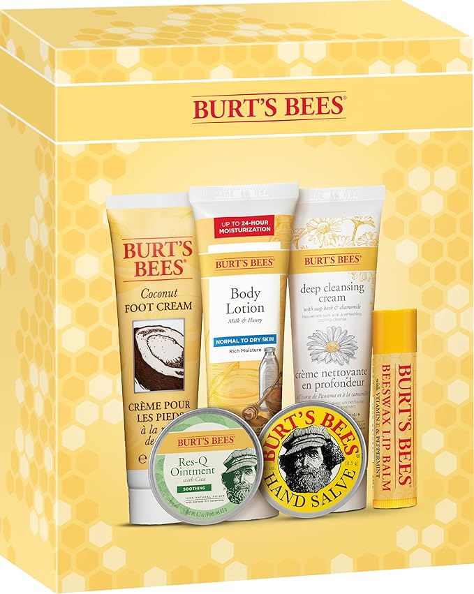 Burt's Bees Christmas Gifts, 6 Stocking Stuffers Products, Timeless Minis Kit - Original Beeswax Lip Balm, Coconut Foot Cream, Milk Honey Body Lotion, Deep Cleansing Cream, Res-Q Ointment & Hand Salve