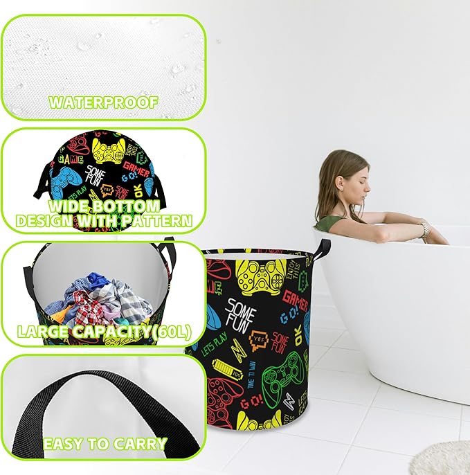 Laundry Basket Abstract Game Laundry Hamper Large Laundry Basket Storage Basket Tote Bag Collapsible Organizer Basket for Bathroom,Laundry,Bedroom 17.3 x16.5 Inch