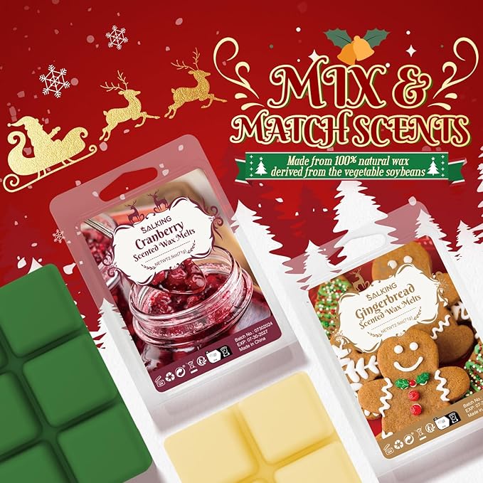 SALKING Christmas Scented Wax Melts, Soy Wax Melts Gift Set, Wax Cubes/Tarts for Warmer - Christmas Wreath, Apple Cinnamon, Gingerbread, Candy Cane, Eggnog, Christmas Pudding, Cranberry, Sugar Cookie