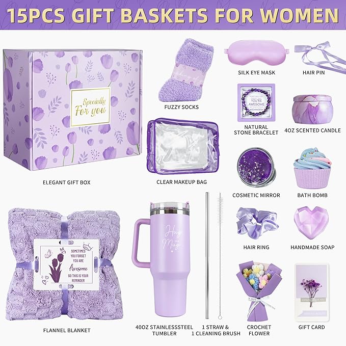 15PCS Birthday Gifts for Women, Relaxing Spa Gifts Baskets for Her, Care Package with Luxury Flannel Blanket and 40 oz Tumbler, Valentines, Mothers Day, Christmas Women's Gift for Mom, Wife, Friends