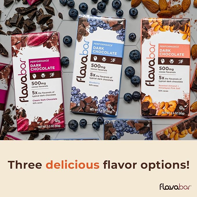FlavaBar Performance Dark Chocolate | 500mg Cocoa Flavanols | Roasted Almond + Himalayan Pink Salt | 6 Pack, 3.3 oz bars