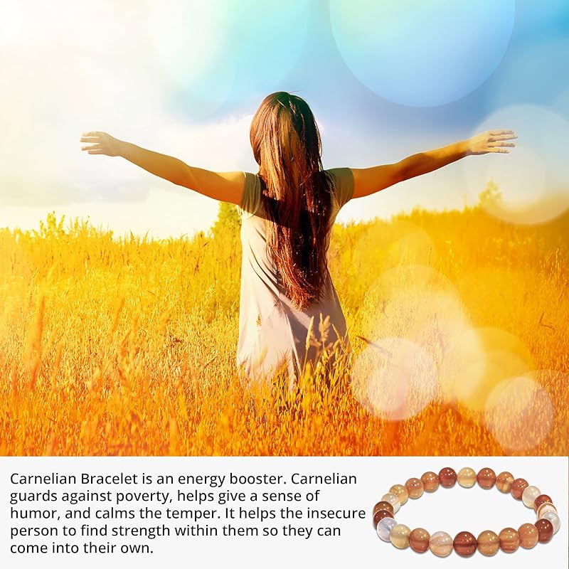 Carnelian Bracelet, Natural Healing Crystal Bracelet for Women and Men, 8mm Round Beaded Bracelet for Spiritual Healing, Protection, Positive Energy, Elastic Adjustable Size Gemstone Bead Bracelet