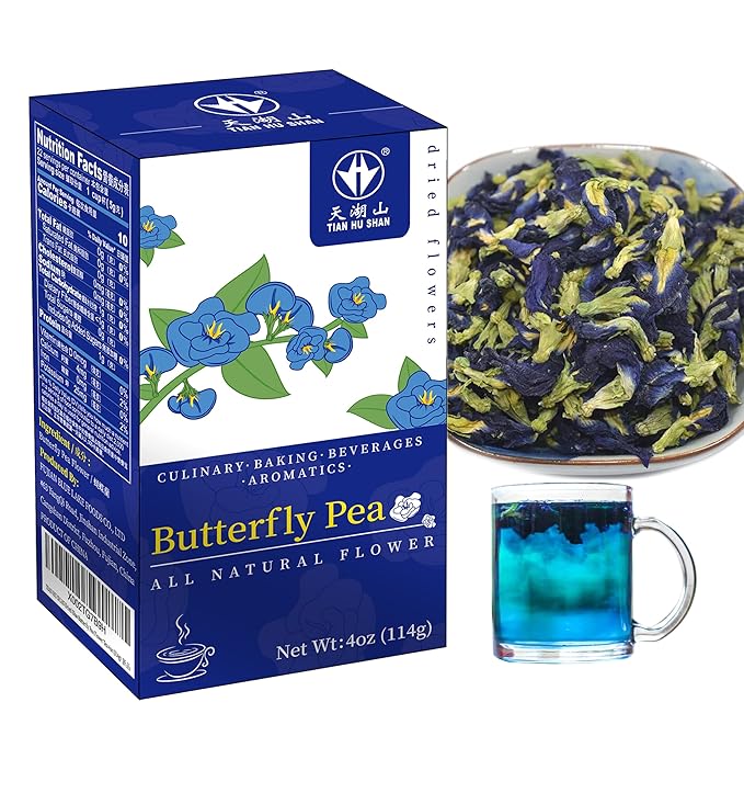 TIAN HU SHAN Butterfly Pea Flower Tea, Butterfly Pea Flowers Loose Leaf, 100% Natural Herbal Tea, 4 Ounce (Pack of 1)