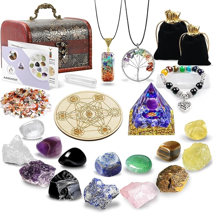 Crystals and Healing Stones,26 Pcs Healing Crystal Set for Meditation,7 Raw Chakra Stones Crystals Kit Pyramid Reiki Real Crystal Stones with Wooden Box,Gifts for Crystal Beginners
