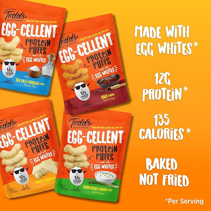 Todd's Better Snacks Egg-Cellent Protein Puffs, Variety Pack – 12g Protein, Gluten-Free, Paleo-Friendly, Baked, GLP-1 Compliant – Healthy Snack, Made with Egg Whites – 2.5 Oz (Pack of 4)