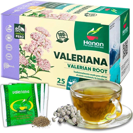 Hanan Valerian Root Tea for Bedtime 25 Bags - Te de Valeriana, Herbal Calming Night Tea - 100% Pure, Caffeine-Free, Non-GMO, Herb from Peru