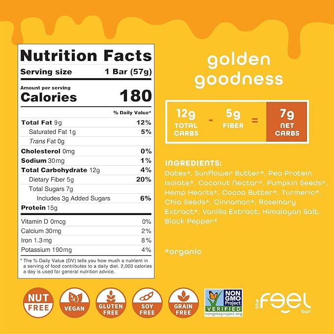 Feel Vegan Protein Bars | Golden Goodness | Keto | Gluten Free | Organic | Turmeric | 15g Protein | Low Carb | Dairy Free | Grain Free | Nut Free | Soy Free | Non GMO - 10 Pack