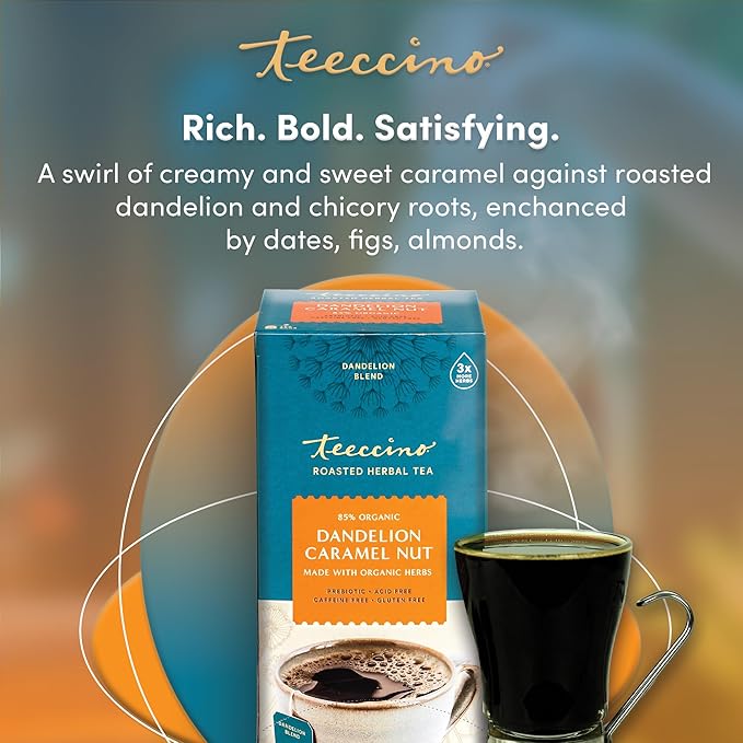 Teeccino Dandelion Caramel Nut Tea, 25 Tea Bags - Caffeine Free, Roasted Herbal Tea with Prebiotics, 3x More Herbs than Regular Tea Bags, Gluten Free, Great Hot or Iced, Herbal Tea