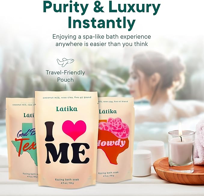 Latika Bath Soaks Set of 3 - Texas, Howdy, I Heart Me - Moisturizing Fizzing Bath Soak for Stress Relief & Muscle Recovery with Essential Oils, Epsom Salt & Natural Scents - Self-Care Spa Gift