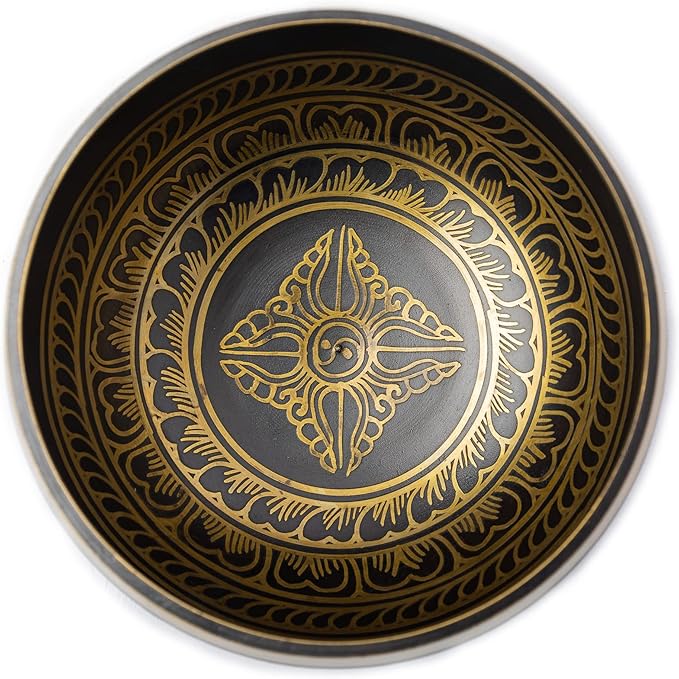 Tibetan Singing Bowl Set - Easy To Play Authentic Handcrafted For Meditation Sound Bowl Chakra Yoga Healing 4 Inches By Himalayan Bazaar (Black & Yellow)