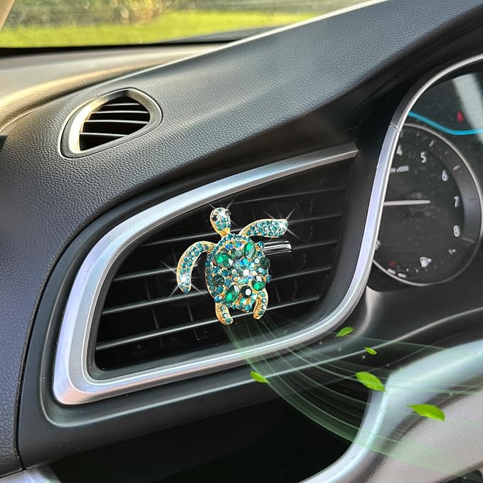 Sea Turtle Car Accessories,1pc Bling Turtle Air Vent Clip Car Air Freshener,Ocean Beach Theme Car Decor, Refillable Outlet Diffuser,Green Blue Rhinestone Accessories for Women