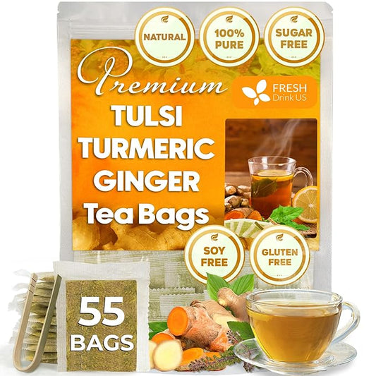 FreshDrinkUS, Premium 55 Tulsi Turmeric Ginger Tea Bags, 100% Natural & Pure from Tulsi Holy Basil Leaves, Turmeric and Ginger. Made with Natural Material Tea Bags. No Sugar, No Caffeine, Vegan.