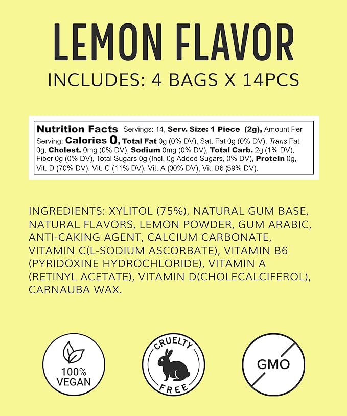 Xylitol Gum Vitamin | Healthy, Sugar Free, Plastic Free, Natural Chewing Gum, Multivitamin A,B6,C & D | Aspartame Free, Boost, Vegan, Gluten Free, Keto | Lemon, 4 pack (56pcs)