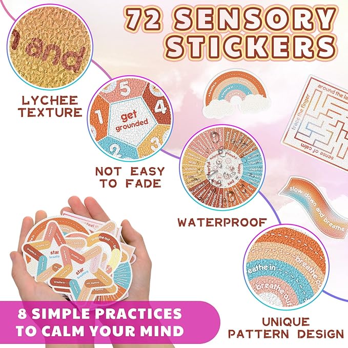 Libima 72 Pieces Anxiety Sensory Stickers Textured Stickers Fidget Mindfulness Sticker School Counselor Supplies Adult Sensory Items Anxiety Relief, 9 Styles(Groovy Color)