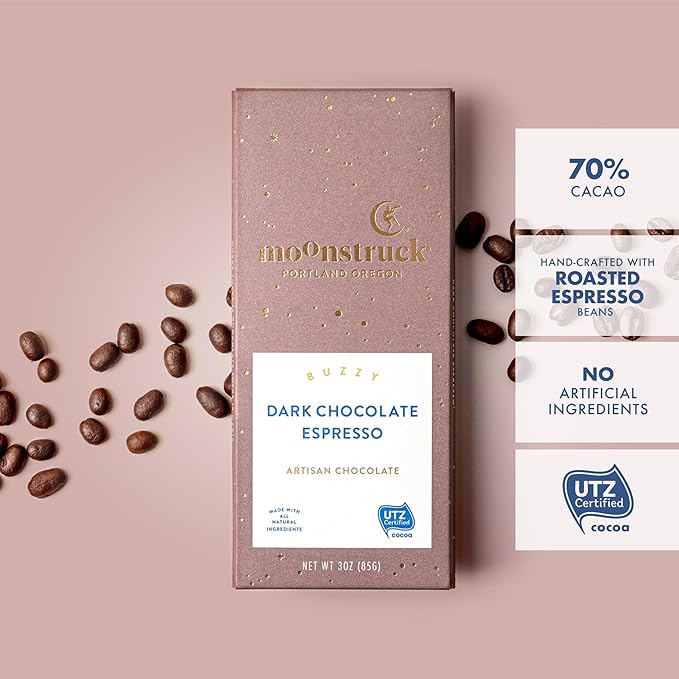 Moonstruck Chocolate Dark Chocolate Espresso Bean Bar, 68% Cacao, 3.0oz (Pack of 1)