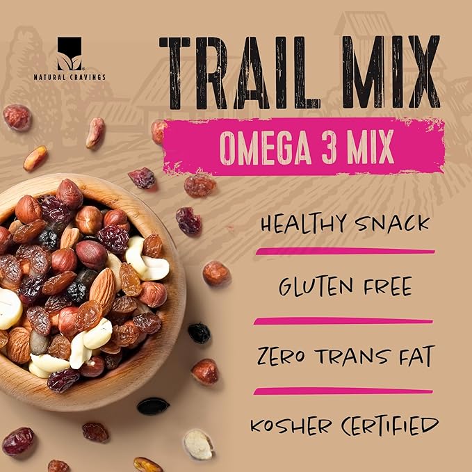 Natural Cravings 22oz Trail Mix Bulk Family Size Bag - Omega 3 Dried Fruit Mix & Assorted Nuts Mix with Dry Cranberries, Peanuts, Raisins & Walnuts - Gourmet Trailmix for School, Office, Outdoor Fun