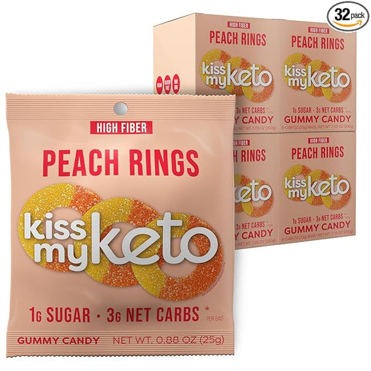 Kiss My Keto Sugar Free Gummies, Peach Rings 32-Pack – Satisfy Cravings while Staying in Ketosis – High Fiber, 3g Net Carbs, Non-GMO, Vegan, & No Gluten – Calorie-Friendly Vegan Candy