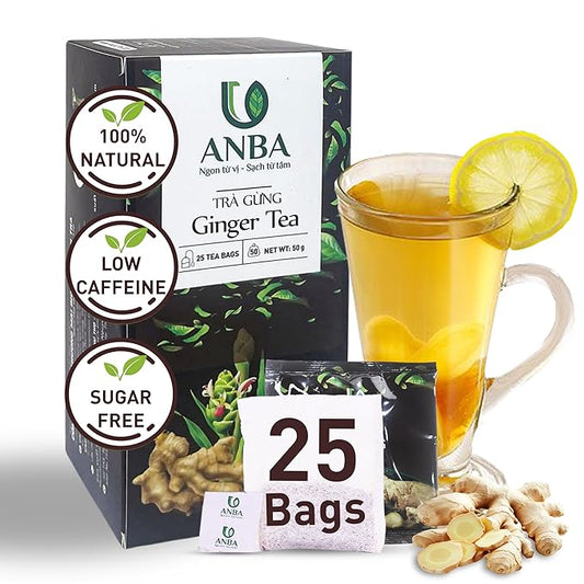 ANBA Ginger Black Tea Bags Fermented Tea Leaf, 25 Count | Bold & Rich Flavor | Warming Herbal Tea | Naturally Energizing | Handpicked Ingredients | No Sugar Added | ISO HACCP Certified