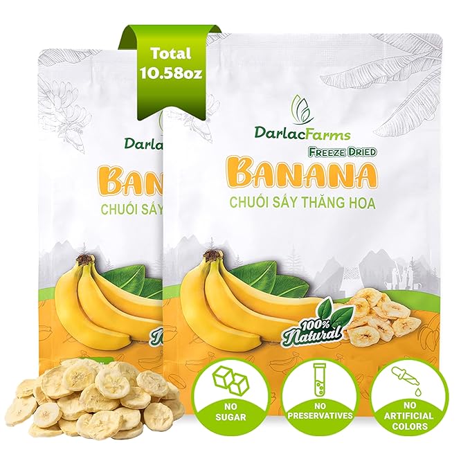 DARLAC FARMS Freeze Dried Banana Chips Pack 2, 5.29 Oz/Each, Premium Organic Crispy Crunchy Natural Healthy Fruit Snacks for Kids, Adults & All Ages, No Sugar Added