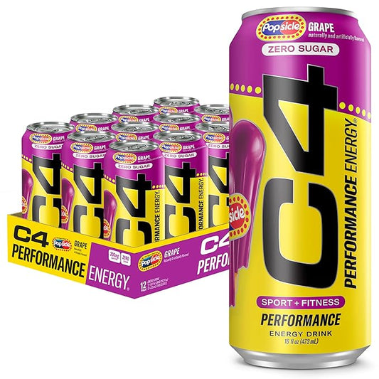Cellucor C4 Energy Drink x Grape Popsicle, Carbonated Sugar Free Pre Workout Performance Drink with no Artificial Colors or Dyes, 16 Oz, Pack of 12