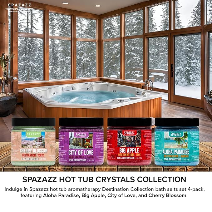 Spazazz Hot Tub Aromatherapy Destination Collection Bath Salt Crystals Four- 4oz Pack - Aloha Paradise, Big Apple, City of Love, Cherry Blossom - Bath Salts Perfect for Hot Tubs, Baths, and Foot Soaks