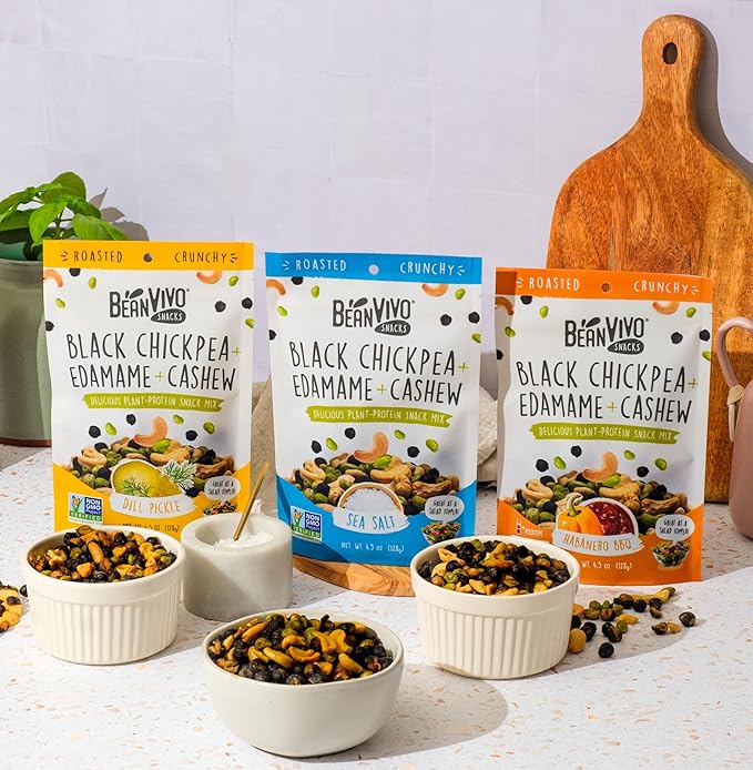 BeanVIVO Healthy Snacks for Adults & Kids with 7g Protein & 5g Fiber per Serving with Dried Edamame, Roasted Cashew and Chickpeas - Vegan & Gluten Free - Keto Friendly & Non-GMO - 3-Pack (4.5 oz Each Pouch)