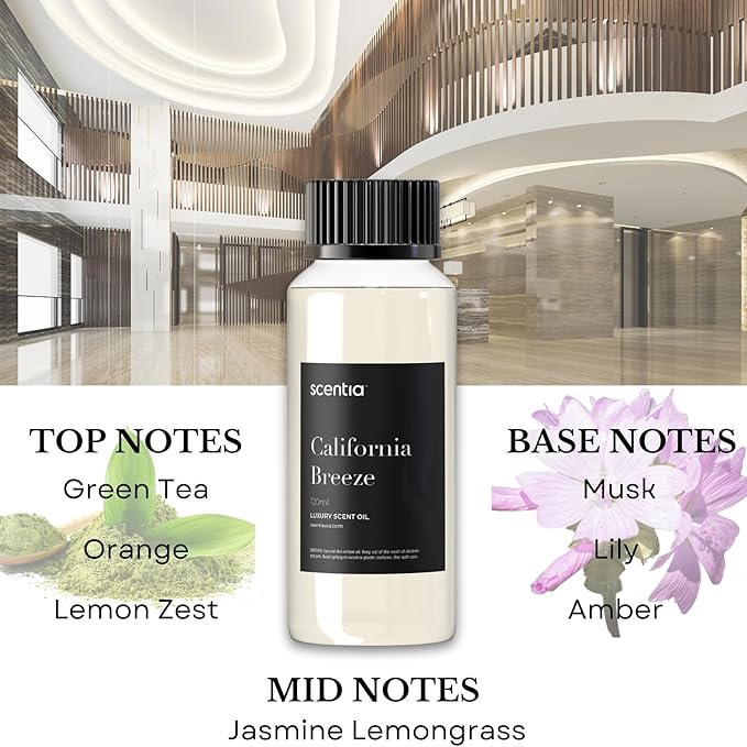 Scentia Hotel Diffuser Oil Inspired by The Delano Beach Club Hotel Scent - 120 mL 4.06 fl oz - Fragrance Oil Blend Orange, Green Tea & Jasmine for Aromatherapy Diffusers - California Breeze