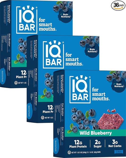 IQBAR Brain and Body Plant Protein Bars - Wild Blueberry - 36-Count - Keto, Vegan, Low Carb, High Fiber, Gluten Free, Dairy Free, Low Sugar Snack with Nutrients for Focus, Energy, Meal Replacement