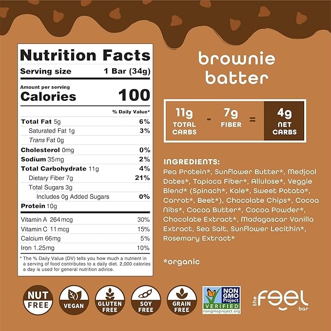 Feel Bar Minis – Kids Protein Bars | Brownie Batter – 12 Pack | 10g Plant Protein | 100 Calories | No Added Sugar | + Daily Veggies | Gluten Free, No Nuts, No Soy, No Dairy, No Grains