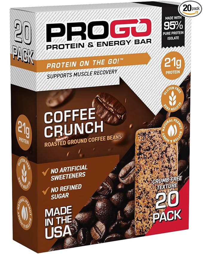 ProGo Protein Bars, Low Sugar, High Protein Snacks (21g) - 95% Pure Isolate for Faster Muscle Growth & Recovery, Low Calorie, Sweetened w/Peanut Butter & Raw Honey (20-Count, Coffee Crunch)