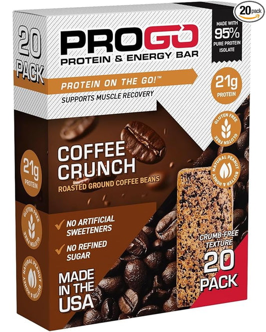 ProGo Protein Bars, Low Sugar, High Protein Snacks (21g) - 95% Pure Isolate for Faster Muscle Growth & Recovery, Low Calorie, Sweetened w/Peanut Butter & Raw Honey (20-Count, Coffee Crunch)