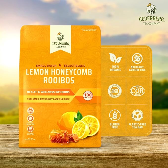 Cederberg Tea Company Lemon Honeycomb Rooibos Tea Bags - Made with Organic Red Rooibos Tea, South African Herbal Tea, Naturally Caffeine Free Tea, Small Batch - Select Blend Non-GMO, Premium Leaf, Antioxidant-Rich, 100 Count